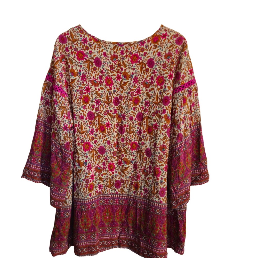 Rusttydustty 4XL Boho Floral Tunic Top Bell Sleeve Flowerchild Peasant Festival - Picture 2 of 9
